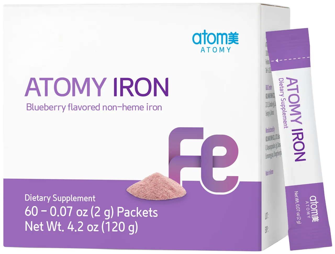 Iron, blueberry flavored non-heme iron in packets